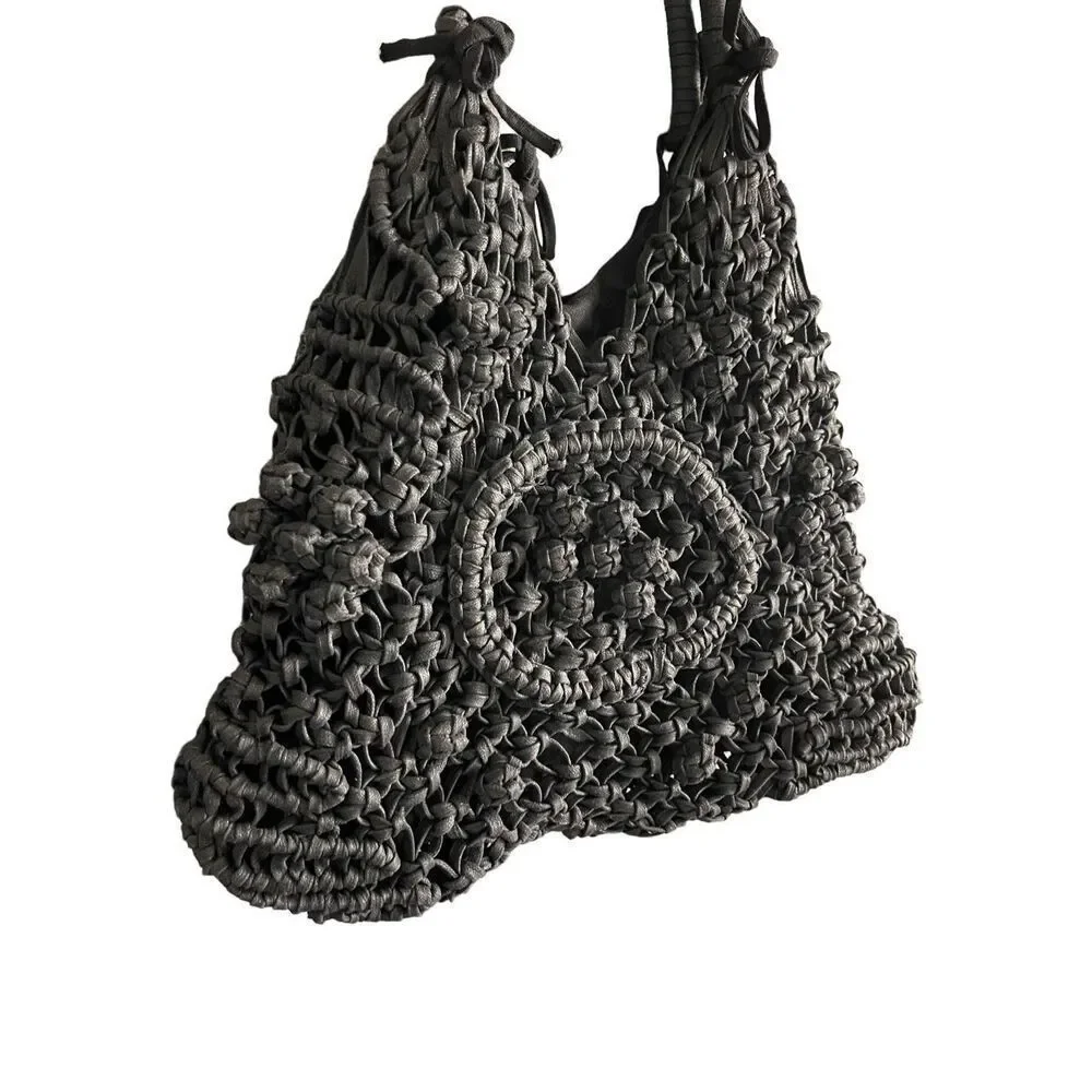 Clever Carriage Company Womens Black Crocheted Positano Hand Macrame Satchel Bag